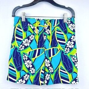 J-Khaki Boys Blue Green Surfboard Hibiscus Shark Print Swim Trunks Size 5